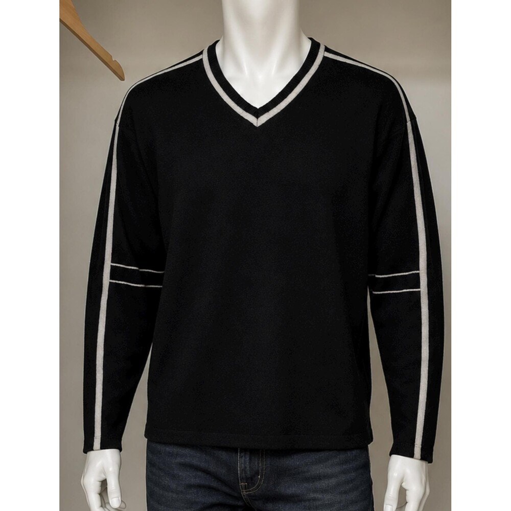 Banana Republic Women’s Wool V-Neck Sweater Size L Black White Piping VTG 1990's